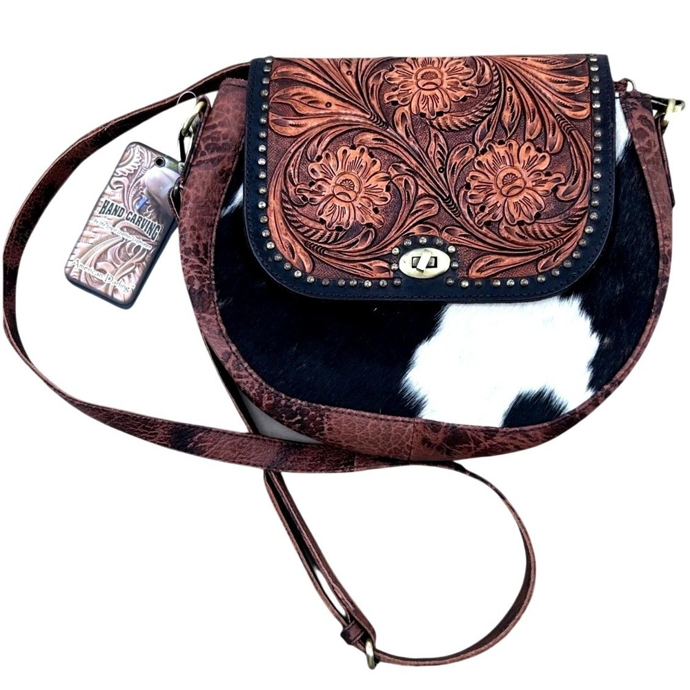 Womens Western Hand Carved Leather Cowhide Crossbody Bag Brown American Darling